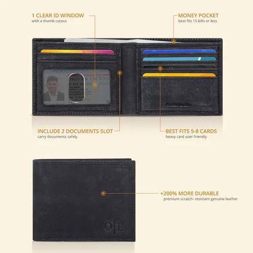 Vista 2 de Cartera delgada de cuero para hombre, bloqueo RFID, bolsillo frontal minimalista, delgada y elegante con ventana de identificación, regalo