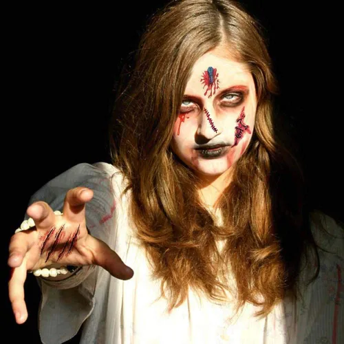 Vista 4 de Tatuajes de Halloween, 30 hojas de tatuaje temporal, tatuajes realistas de Halloween, cicatrices de zombies, tatuajes falsos sangrantes para heridas