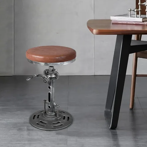 Vista 8 de Topower American Antique Industrial DIY Crank Taburete Base de Hierro Fundido Taburete de Bar Diseño Metal Altura Ajustable Bar Silla PU Asiento