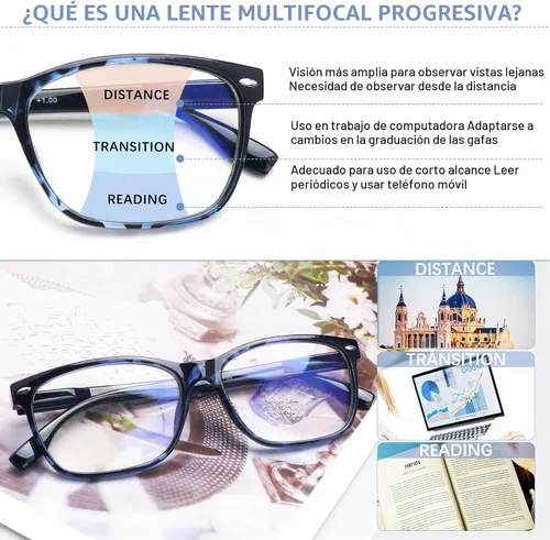 Vista 5 de Anteojos de lectura progresivos multienfoque para mujer, estampado de patrón de bloque de luz azul, elegantes lectores de computadora para mujer