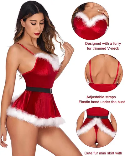 Vista 6 de Disfraz sexy de Papá Noel, vestido de Navidad para mujer, ropa de dormir con cuello en V y agradable a la piel