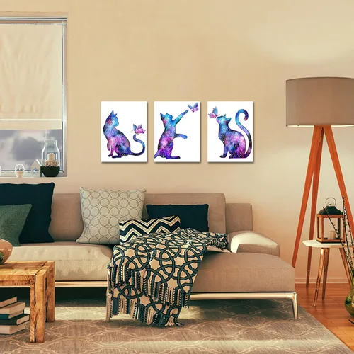 Vista 2 de KLVOS Arte de pared de animales lindos para decoración de habitación de niños, diseño de mariposas moradas y gatos estrellados, impresiones