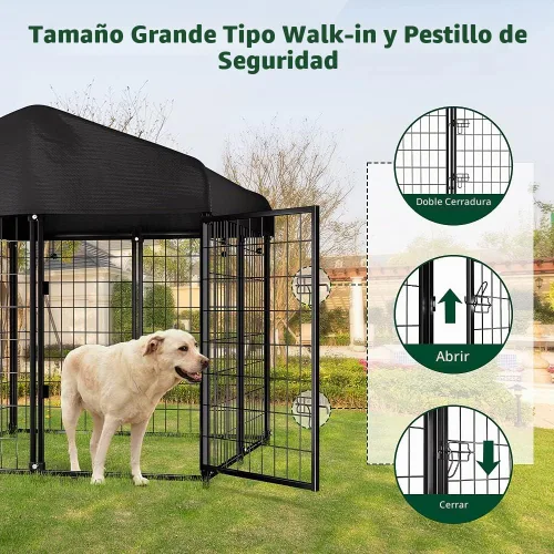 Vista 5 de Perrera exterior con techo, 4'x4'x4.5' Perrera para perros al aire libre Heavy-duty Welded Steel, UV-resistant Waterproof Cover, Secure Lock, Dog