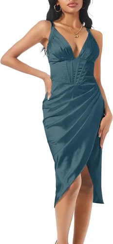 Vista 7 de ZAFUL Vestido midi plisado y sedoso para mujer con cuello en V profundo