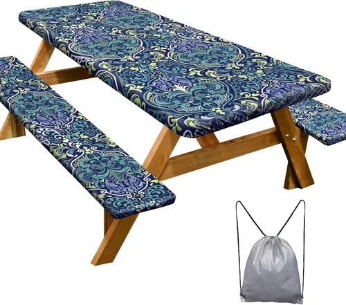 Vista 28 de Funda de mesa de picnic con fundas para bancos Esenciales de camping Mantel de picnic impermeable y a prueba de viento con bolsa de cordón, funda