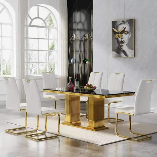 Vista 44 de 5 Piece Black Marble Dining Table Set for 4, Modern Faux Marble Kitchen Dining Room Tables with 4 Leather Chairs Set, 68.11" Luxury Rectangular