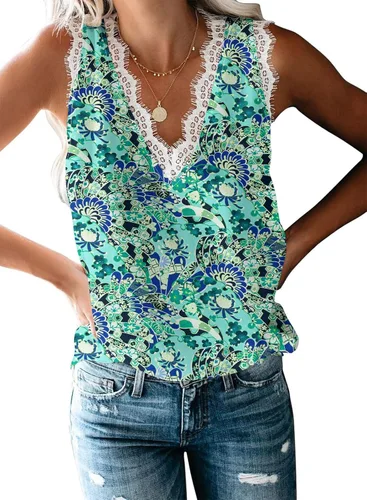 Vista 226 de VIISHOW - Camiseta sin mangas, sexy, con cuello en V y bordes de encaje para mujer, camisola de vestir, camisas de gasa, sin mangas, casuales