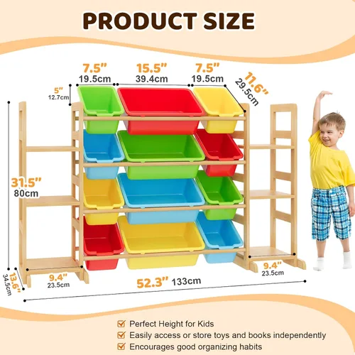Vista 2 de Organizador grande de almacenamiento de juguetes para niños, organizador de juguetes y estantería combinada con 12 contenedores y 6 estantes, caja