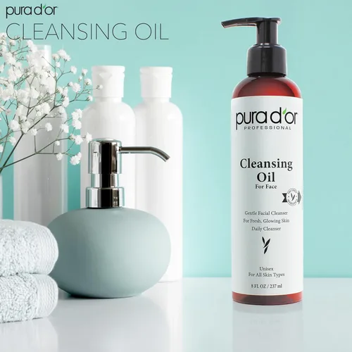 Vista 2 de PURA D'OR Aceite limpiador facial de 8 onzas, mezcla botánica nutritiva con vitaminas, aceite de jojoba y girasol, desmaquillante suave y limpiador
