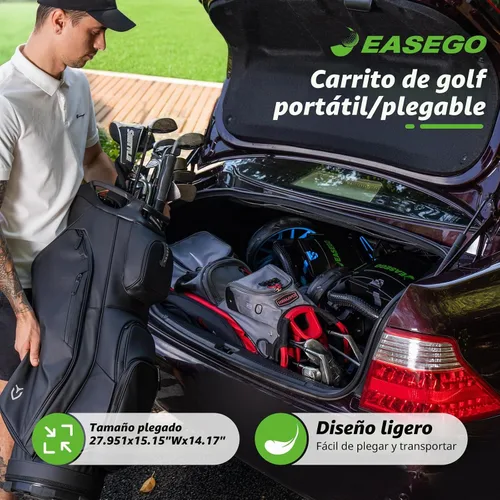 Vista 2 de EASEGO Carrito de golf con 3 ruedas: carrito plegable para bolsa de golf con soporte para teléfono/taza/paraguas, carritos de golf compactos