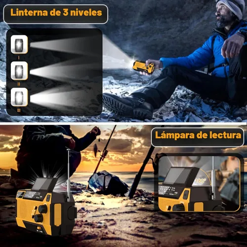 Vista 6 de Radio de emergencia con manivela meteorológica: Radio meteorológica AM/FM/NOAA con 3 cables incorporados - Radio manual con manivela de 2000mAh