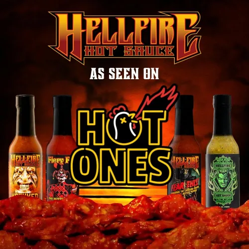 Vista 2 de Hellfire Hot Sauce Paquete de regalo Hot Ones - Paquete variado de salsa picante gourmet con 4 sabores extremos presentados en el programa