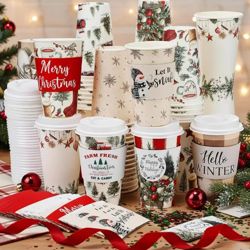 Vista 9 de 36 juegos/108 vasos de papel de Navidad de 16 onzas desechables de Navidad para llevar, tazas de café con tapas y mangas, taza de café de cacao