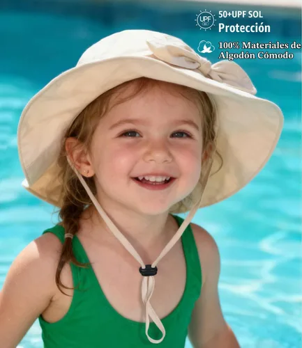 Vista 4 de Sombrero de sol para bebé niña con UPF 50+ sombrero de playa ajustable para exteriores con ala ancha Beige