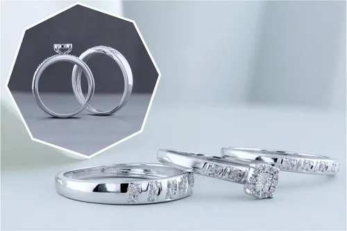 Vista 3 de Dazzlingrock Collection Round White Diamond Halo Illusion Wedding Trio Ring Set For Men & Women (0.10 ctw, Color I-J, Clarity I2-I3) in 925 Sterling