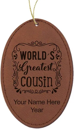 Vista 11 de LaserGram Personalized Christmas Ornament, World's Greatest Cousin, Faux Leather, Custom Laser Engraved Gift Idea (Oval Shape, Black with Gold)