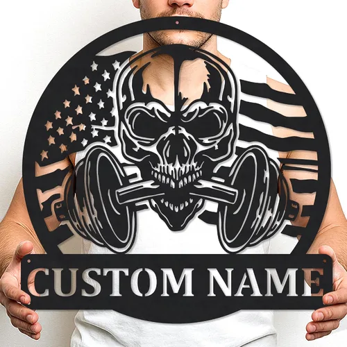Vista 45 de Cartel de metal personalizado para gimnasio con nombre, arte de pared para sala de entrenamiento en casa, garaje, espacio de fitness, decoración