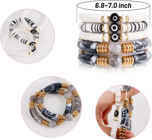 Vista 2 de Joya Love Brazalete de cuentas de verano con cara sonriente, ojo malvado, de bambú, acrílico, arcilla Heishi, pulseras de cuentas para mujer
