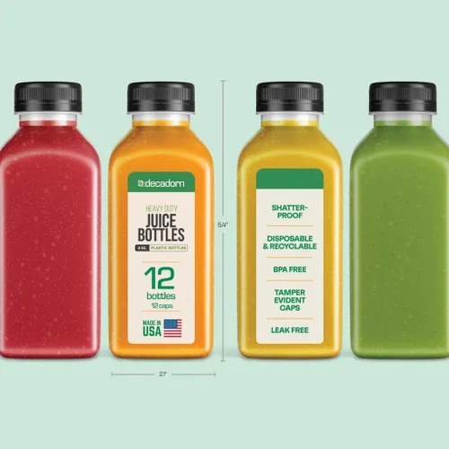 Vista 2 de DECADORN Botellas de plástico de 8 onzas con tapas, 12 unidades - Botellas para hacer jugos - HECHAS EN EE. UU. Botellas mini transparentes
