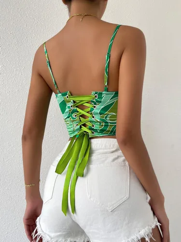 Vista 2 de SOLY HUX Top de tirantes para mujer, estilo casual, lindo estampado, con cordones en la espalda, sin mangas, con tirantes delgados, corsé corto