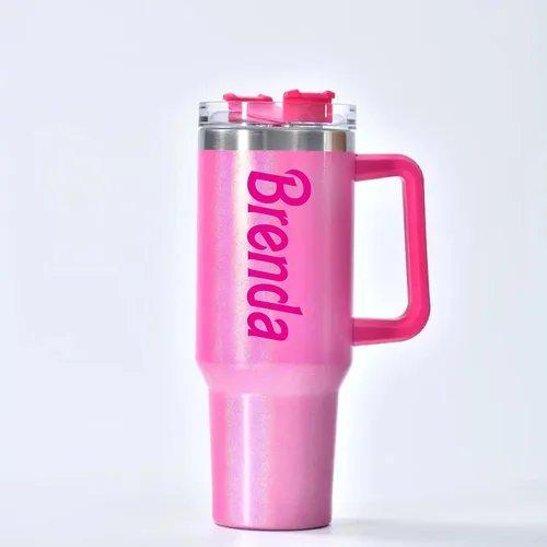 Vista 2 de Vaso personalizado de 40 onzas con asa y pajilla, vaso aislado de acero inoxidable, taza de viaje, taza de café de doble pared para bebidas frías