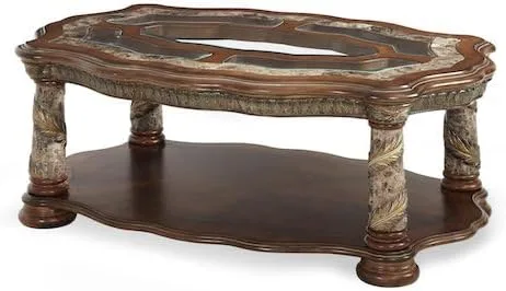 Vista 7 de Michael Amini Villa Valencia - Mesa de cóctel marrón de abedul de madera maciza con parte superior de vidrio y mármol, acabado castaño clásico
