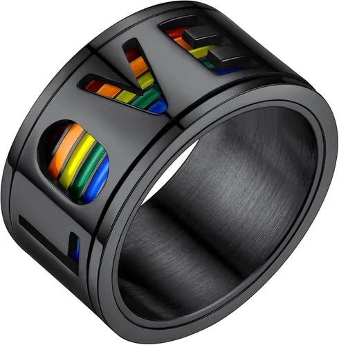 Vista 24 de FaithHeart Anillos para ansiedad LGBT Pride Rainbow, acero inoxidable/chapado en oro de 18 quilates, joyería de amor es amor para hombres y mujeres