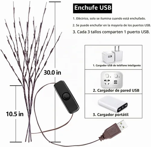 Vista 5 de Paquete de 3 luces de ramita de 30 pulgadas, luces de ramas con enchufe USB