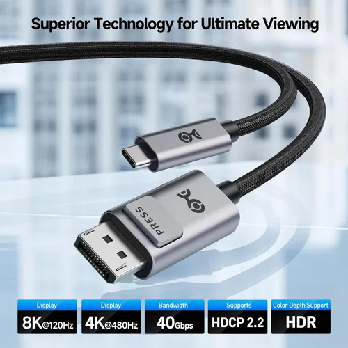 Vista 2 de Cable Matters Cable bidireccional USB-C a DisplayPort 2.1 de 40 Gbps - 5.9 ft / 6 pies, DP40 (UHBR10), 8K @120Hz / 4K a 480Hz, cable DisplayPort a