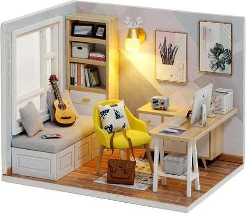 Vista 8 de Kit de casa de muñecas en miniatura con muebles, a escala 1:24, accesorios de casa de muñecas de madera, a prueba de polvo para niños, adolescentes