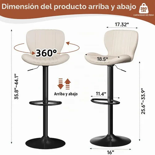 Vista 2 de JAMFLY Juego de 2 taburetes de bar, taburetes de bar ajustables de cuero, taburetes de bar modernos, sillas de isla juego de 2 para cocina
