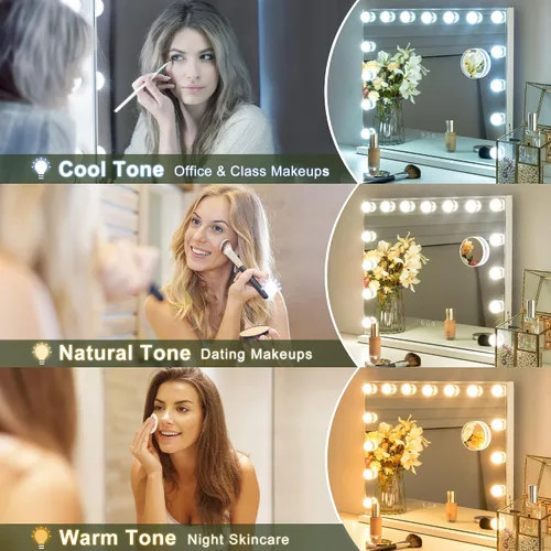 Vista 6 de NicBex Espejo de maquillaje con luces, espejo de maquillaje Hollywood con 15 luces LED regulables, tacto inteligente con ajuste de 3