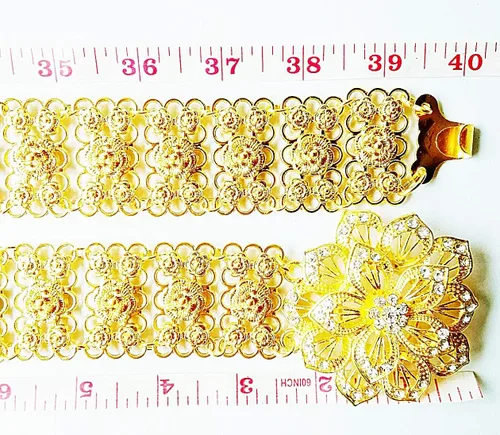 Vista 5 de Cinturón tailandés Placa de oro Piedra Blanca Joyería Cadena Vintage Rattanakosin Período Tailandia Traje Tradición Boda Mujeres Accesorio Para
