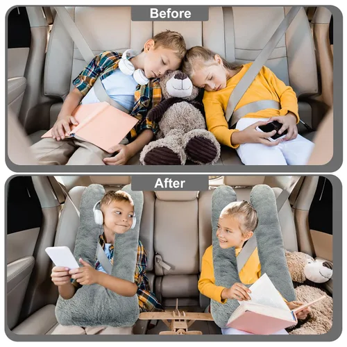 Vista 4 de Hoteam 2 almohadas de viaje para automóvil para dormir en forma de U para el asiento trasero, adultos y niños, soporte para cabeza y cuerpo, Gris