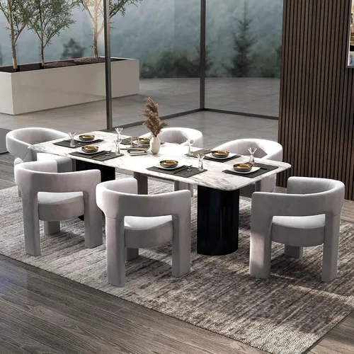 Vista 19 de Modernas sillas de comedor, silla de sherpa tapizada de terciopelo con respaldo, silla de tocador Boucle ensamblada cómoda para cocina, comedor