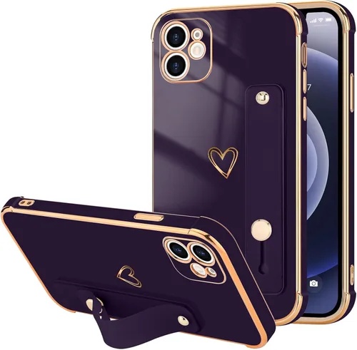 Vista 97 de LLZ.COQUE Funda compatible con iPhone 12 para mujeres y niñas, parachoques chapado de lujo con bonito diseño de corazón de amor, soporte de correa