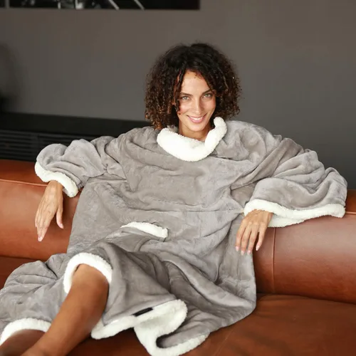Vista 3 de Catalonia - Manta de forro polar tipo sherpa con mangas y bolsillo, microfelpa abrigada y cómoda para ver TV, manta para adultos, mujeres y hombres