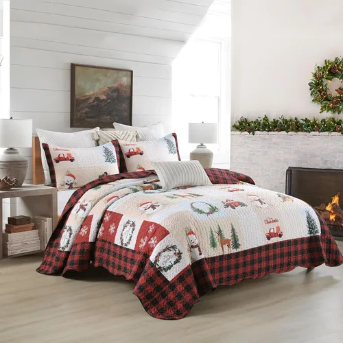 Vista 2 de Juego de edredón navideño de 3 piezas con estampado de reno rústico de Navidad, juego de ropa de cama (individual)