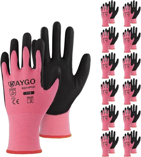 Vista 109 de KAYGO KG11PB - Guantes de trabajo de seguridad con revestimiento de poliuretano, 12 pares de guantes de punto sin costuras para hombres y mujeres