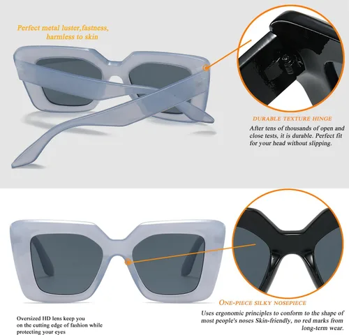 Vista 4 de HJSTES Gafas de sol de gran tamaño para mujer, sombras de ojo de gato de moda, marco cuadrado, protección UV