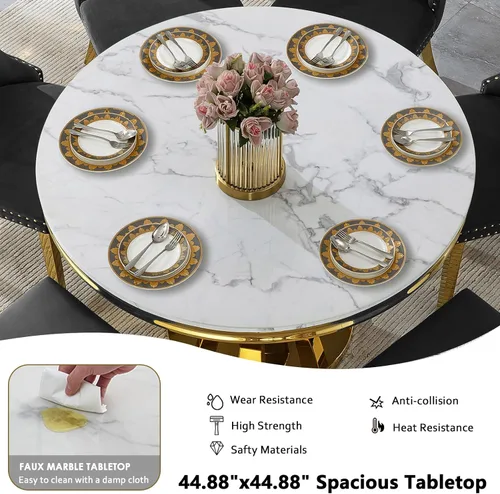 Vista 4 de Juego de mesa de comedor de mármol sintético de oro blanco de 47 pulgadas para 2, juego de mesa de comedor de cocina de 3 piezas, juego de mesa