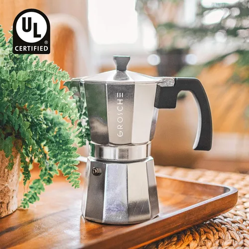 Vista 8 de GROSCHE Milano - Cafetera de café expreso para estufa, 6 tazas de expreso, 9.3 onzas, plata y 3 sellos de repuesto, paquete de juntas, cafetera
