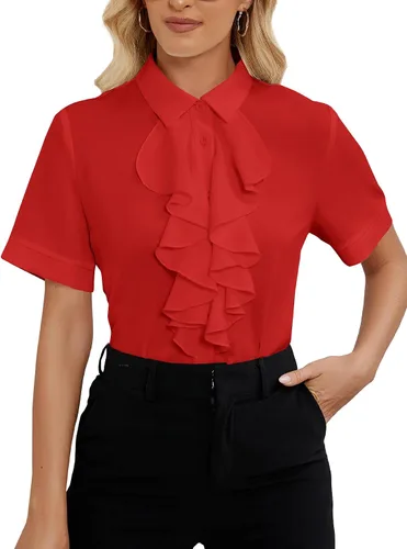 Vista 9 de Vrtige Women's Ruffle Front Collar Neck Button Down Short Sleeve Blouse Shirt Top