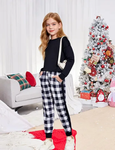 Vista 3 de Arshiner Conjunto de 2 piezas para niñas, camiseta corta de manga larga y pantalones de descanso con bolsillos