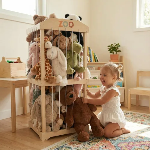 Vista 9 de Almacenamiento de animales de peluche de madera para niños – Gran organizador y soporte de almacenamiento de juguetes para la sala