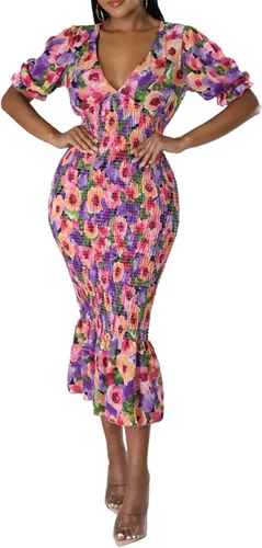 Vista 3 de Vestido sexy de manga corta con cuello en V profundo para mujer, estampado floral, con volantes, para fiesta y club