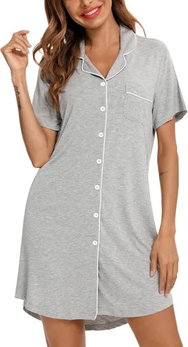 Vista 75 de Samring Camisón de pijama para mujer, manga corta/larga, con botones, camisón para dormir, camisón para novio, talla XXL