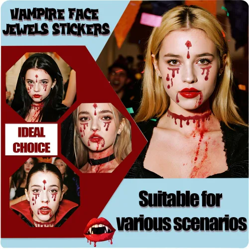 Vista 2 de Calcomanías para la cara de vampiro, 3 unidades, disfraz de vampiro para mujer, joyas para la cara, accesorios de vampiro, calcomanías de cara