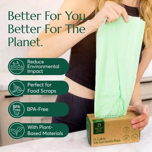 Vista 3 de Bolsas de basura compostables* Cleanomic con cordón (13 galones, 25 unidades, altas), certificadas BPI para compost de cocina