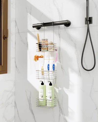 Vista 5 de Organizador de baño colgante pequeño de 3 niveles, organizador colgante, soporte para champú de acero inoxidable, organizador de ducha sobre